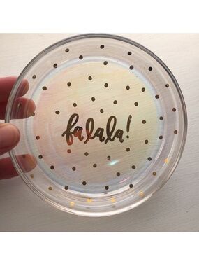 'Fa La La!' Round Iridescent Glass Trinket Dish Gold Polka Dots & Lettering 5”